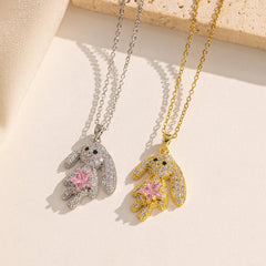 Wholesale Stainless Steel 18K Gold Plated Cute Rabbit Inlay Zircon Pendant Necklace - ChicMeto