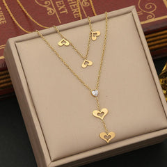 Wholesale Stainless Steel 18K Gold Plated Cute Sweet Heart Shape Eye Butterfly Hollow Out Inlay Zircon Double Layer Necklaces - ChicMeto