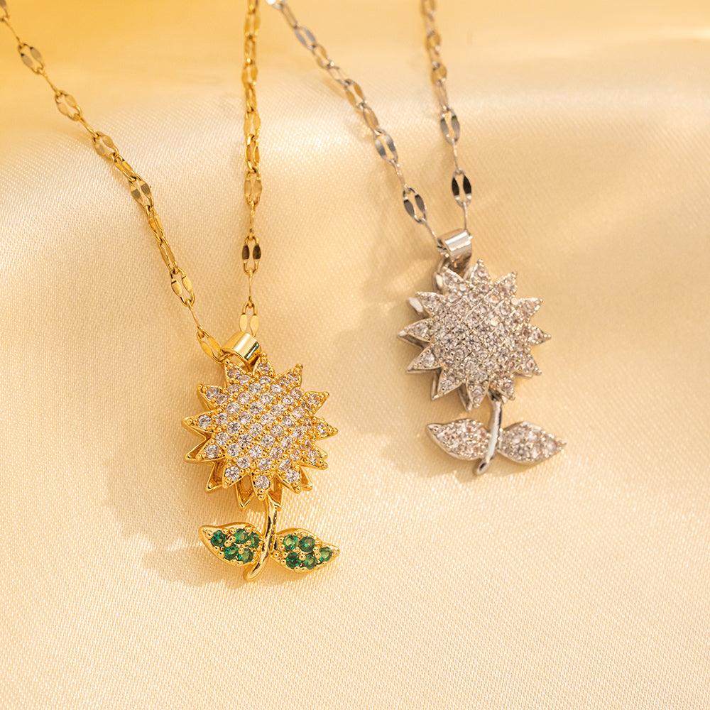 Wholesale Stainless Steel 18K Gold Plated Shiny Sunflower Inlay Zircon Pendant Necklace - ChicMeto