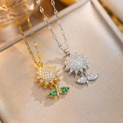 Wholesale Stainless Steel 18K Gold Plated Shiny Sunflower Inlay Zircon Pendant Necklace - ChicMeto