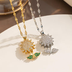 Wholesale Stainless Steel 18K Gold Plated Shiny Sunflower Inlay Zircon Pendant Necklace - ChicMeto