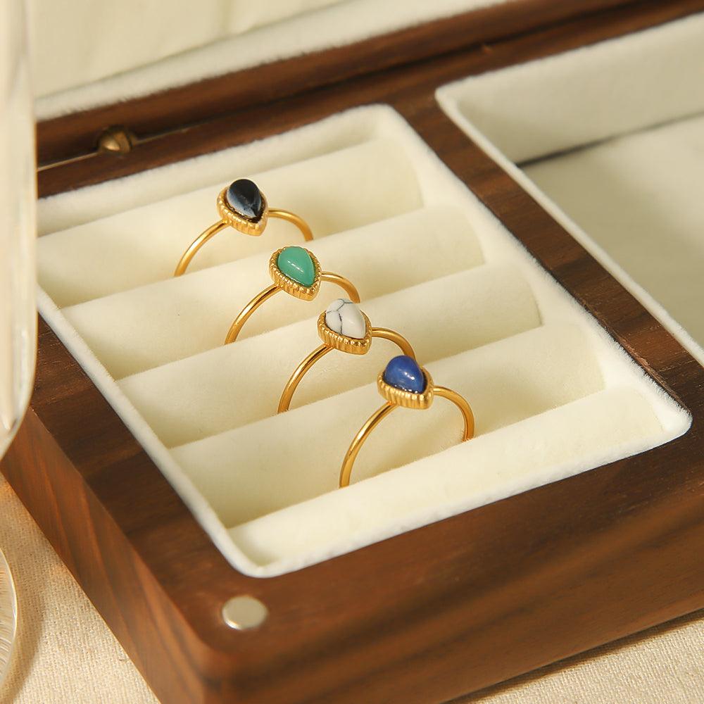 Wholesale Stainless Steel 18K Gold Plated Vintage Water Droplets Rings with Natural Stone Inlay - ChicMeto