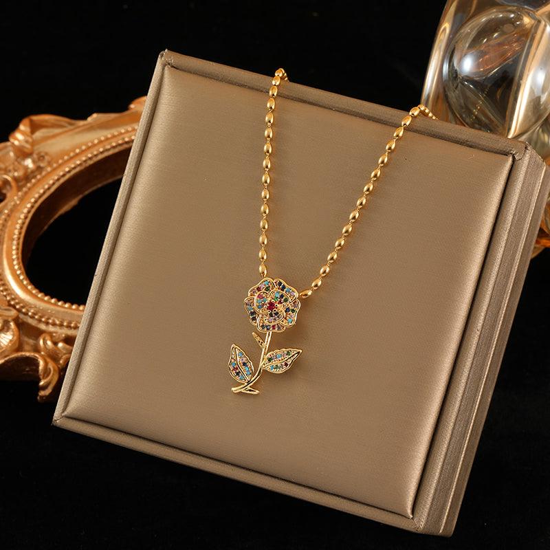 Wholesale Stainless Steel Copper Romantic Elegant Inlay Plating Flower Zircon Pendant Necklace - ChicMeto