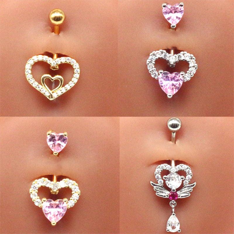 Wholesale Streetwear Shiny Heart Shape Stainless Steel Alloy Copper Inlay Zircon White Gold Plated Gold Plated Belly Ring - ChicMeto