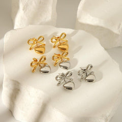 Wholesale Sweet Simple Style Heart Shape Bow Knot 304 Stainless Steel 18K Gold Plated Drop Earrings Pair - ChicMeto