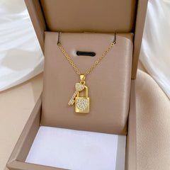 Wholesale Titanium Steel Casual Vacation Lock Inlay Artificial Diamond Pendant Necklace - ChicMeto