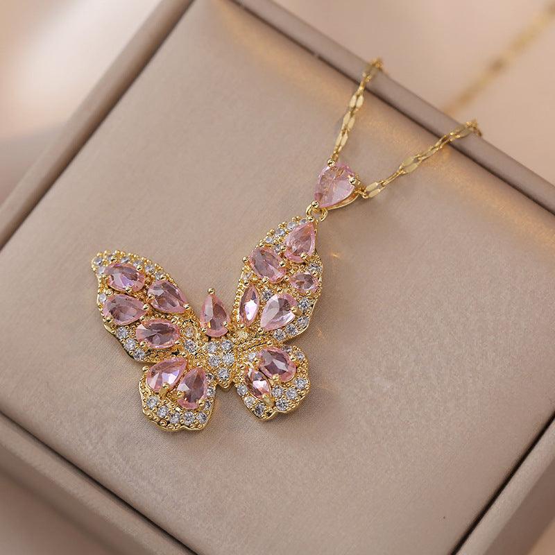 Wholesale Titanium Steel Sweet Butterfly Diamond Pendant Necklace - ChicMeto