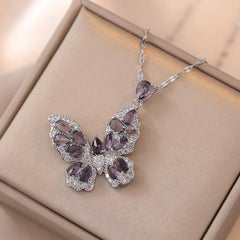 Wholesale Titanium Steel Sweet Butterfly Diamond Pendant Necklace - ChicMeto