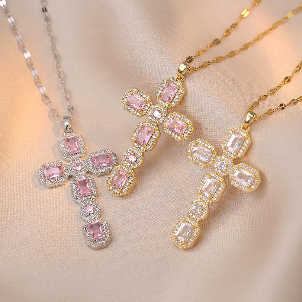 Wholesale Titanium Steel Vintage Style Cross Diamond Pendant Necklace - ChicMeto