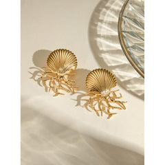 Wholesale Vacation Beach Coral Shell Plating 304 Stainless Steel 18K Gold Plated Ear Studs for Women - ChicMeto