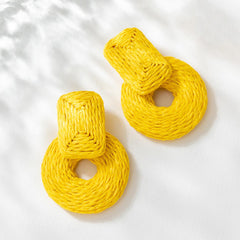 Wholesale Vacation Bohemian Round Rectangle Braid Raffia Drop Earrings - ChicMeto