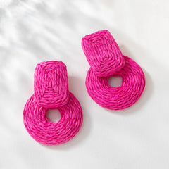 Wholesale Vacation Bohemian Round Rectangle Braid Raffia Drop Earrings - ChicMeto