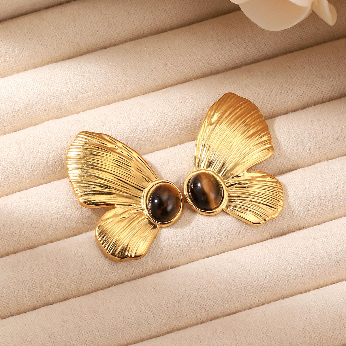 Wholesale Vintage Butterfly Inlay Ear Studs Stainless Steel Natural Stone 18K Gold Plated - ChicMeto