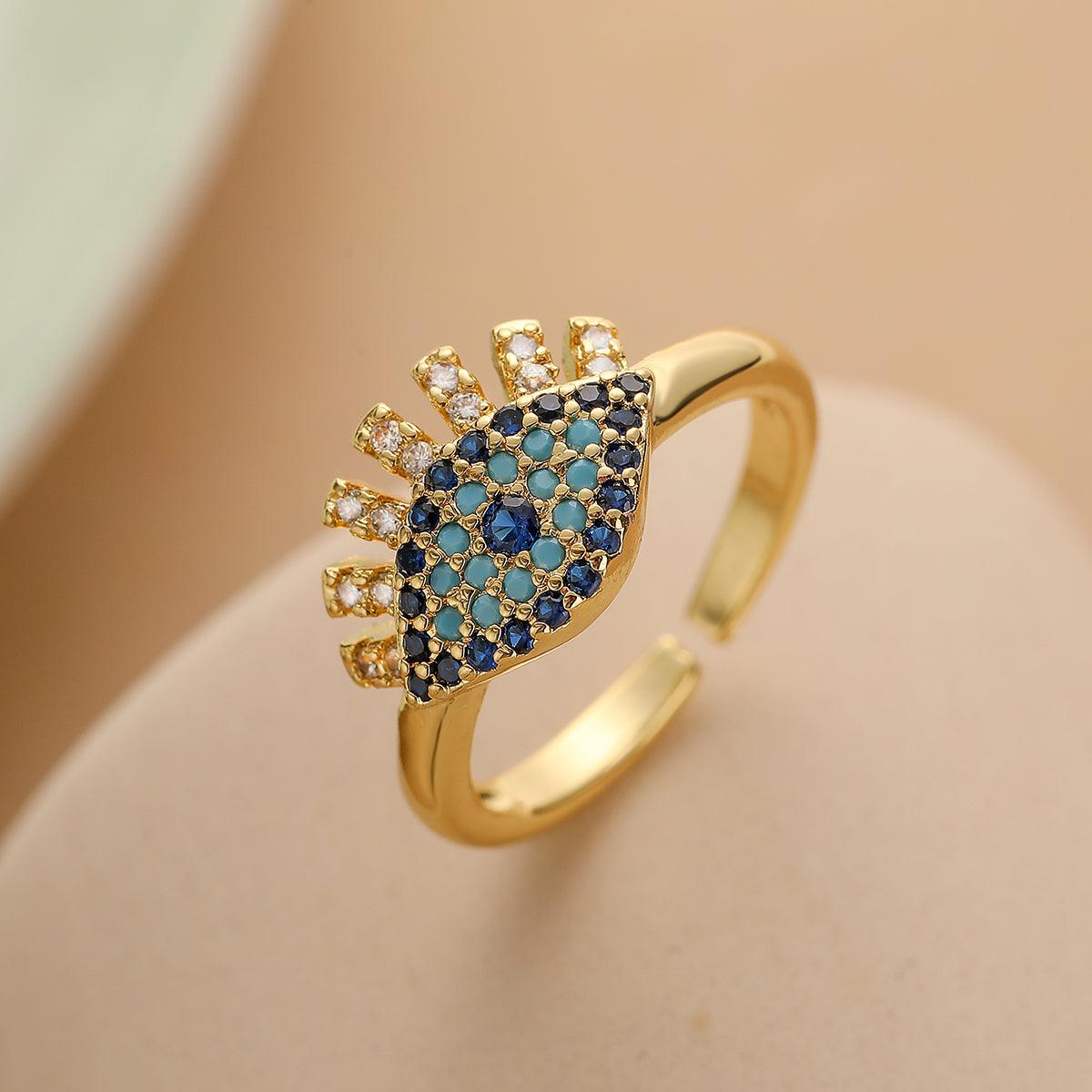 Wholesale Vintage Simple Commute Devil's Eye Copper Open Rings 18K Gold Plated with Zircon Inlay - ChicMeto