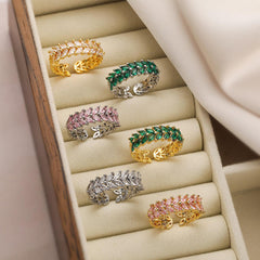 Wholesale Vintage Simple Commute Leaf Copper Open Rings 18K Gold Plated with Zircon Inlay - ChicMeto