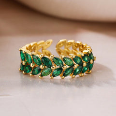 Wholesale Vintage Simple Commute Leaf Copper Open Rings 18K Gold Plated with Zircon Inlay - ChicMeto